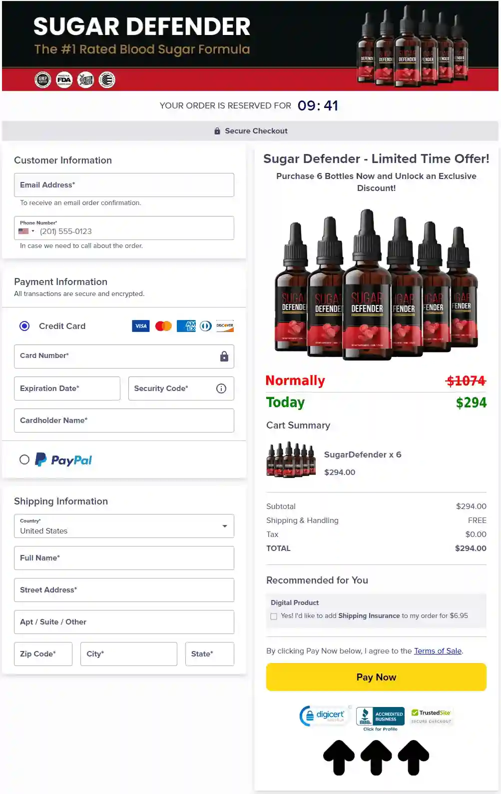 sugar defender chekout page